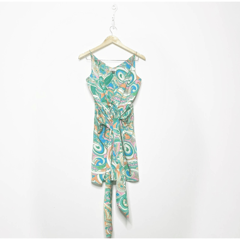 DELFI Collective Printed Tie front mini dress green paisley satin womens XS